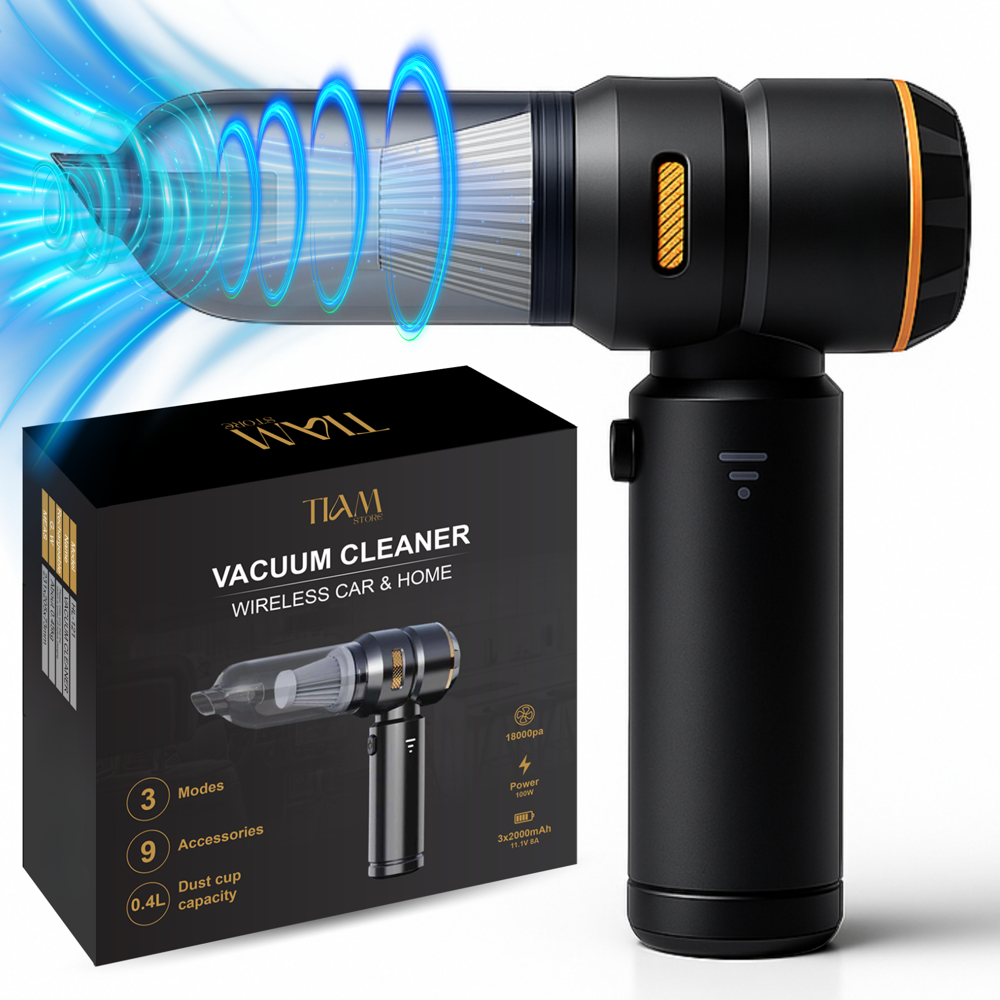 Mini aspirator auto 4 in 1, 18000 Pa, Negru