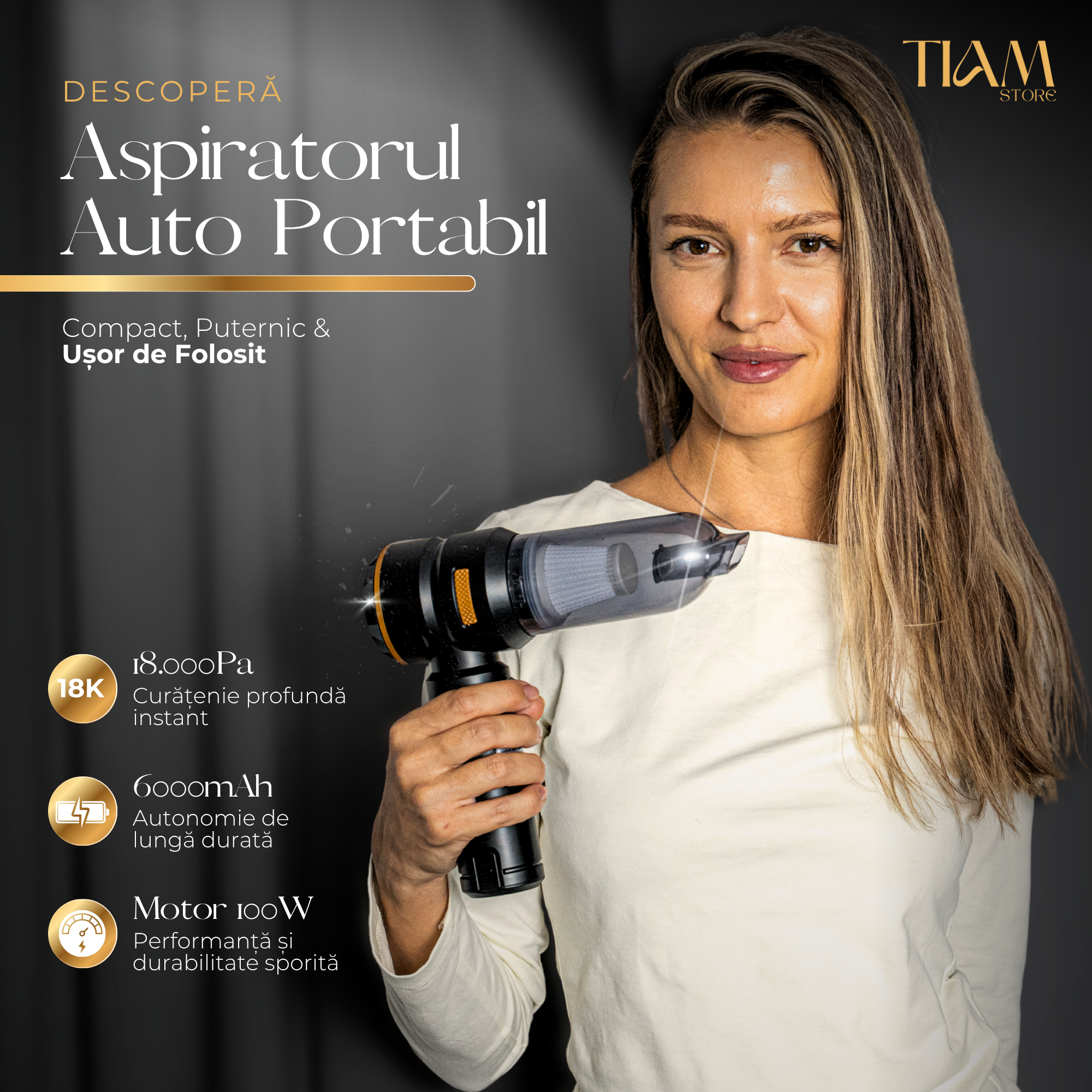 Mini aspirator auto 4 in 1, 18000 Pa, Negru