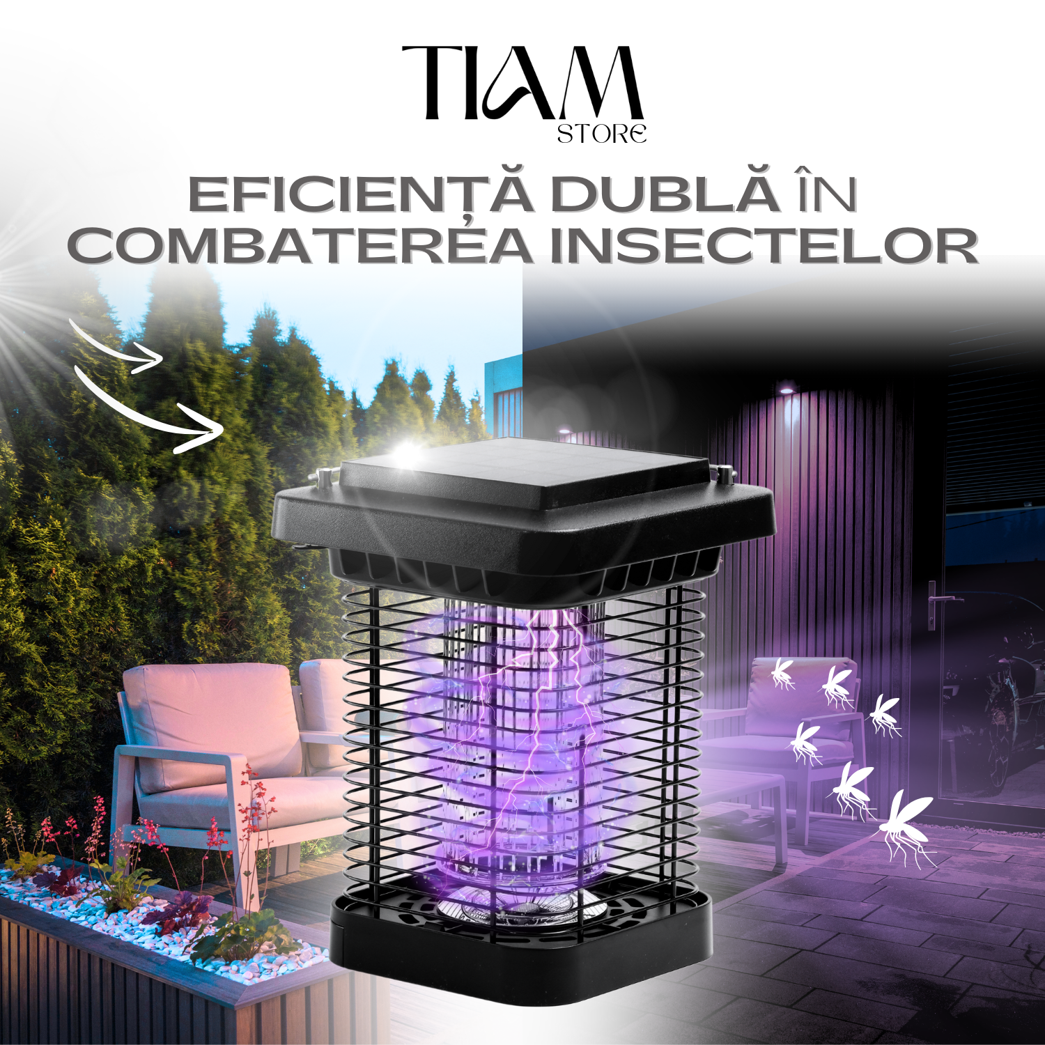 Lampa UV anti insecte + Felinar, cu Incarcare Solara
