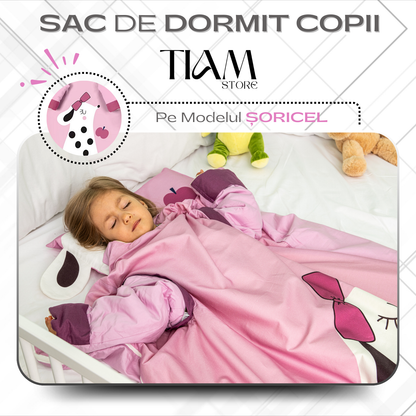 Sac de Dormit pentru Copii, Maneci si Captuseala detasabile, Fermoar cu patru Capete,  Model Soricel, 3-12 Ani