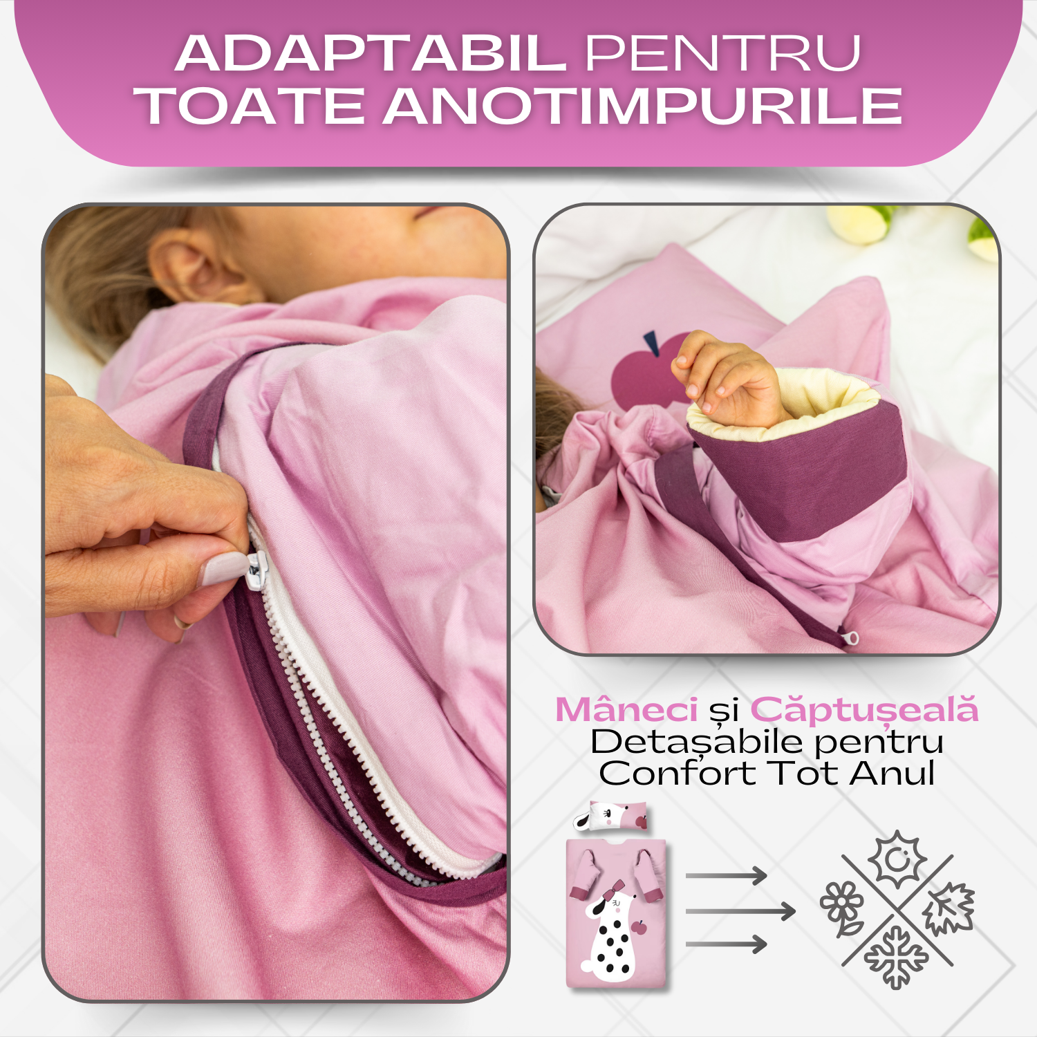 Sac de Dormit pentru Copii, Maneci si Captuseala detasabile, Fermoar cu patru Capete,  Model Soricel, 3-12 Ani