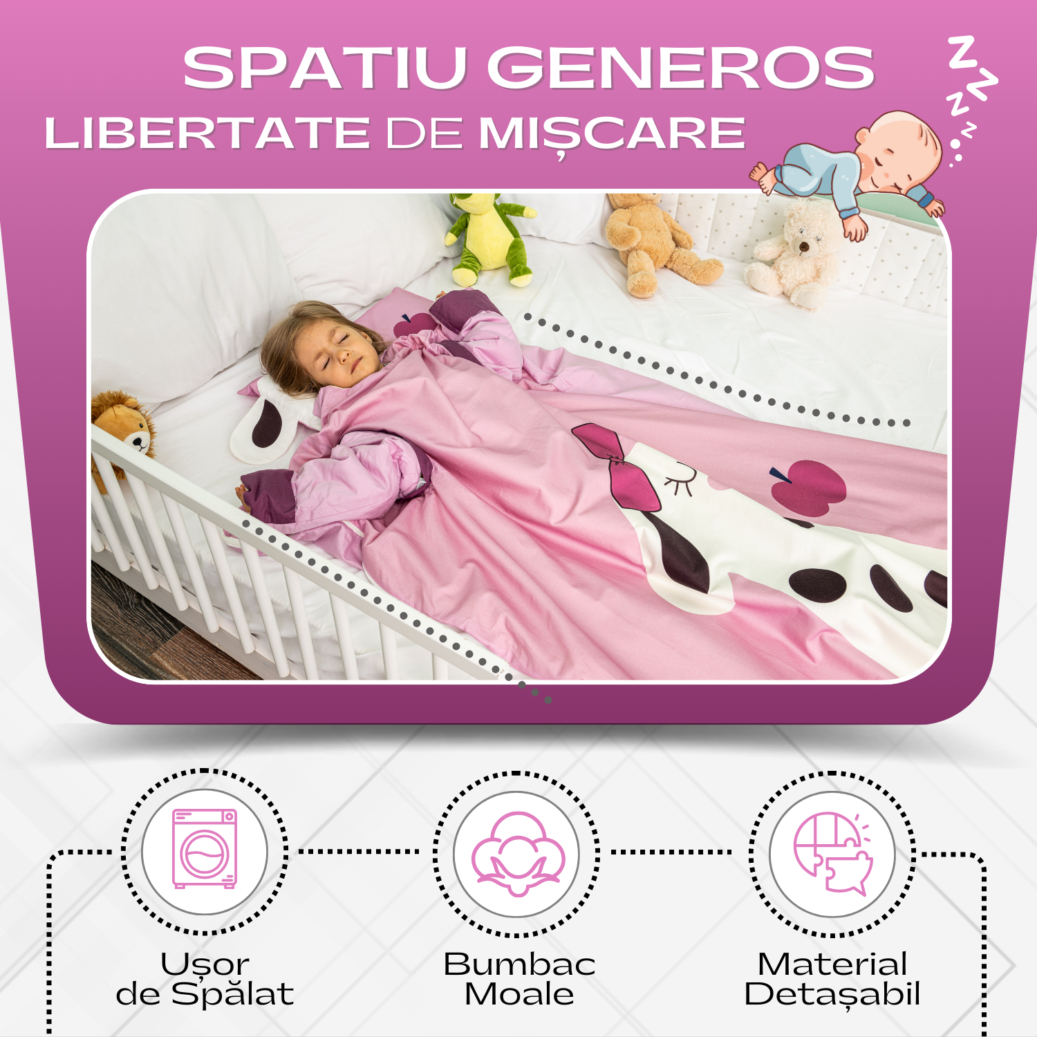 Sac de Dormit pentru Copii, Maneci si Captuseala detasabile, Fermoar cu patru Capete,  Model Soricel, 3-12 Ani