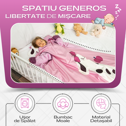 Sac de Dormit pentru Copii, Maneci si Captuseala detasabile, Fermoar cu patru Capete,  Model Soricel, 3-12 Ani