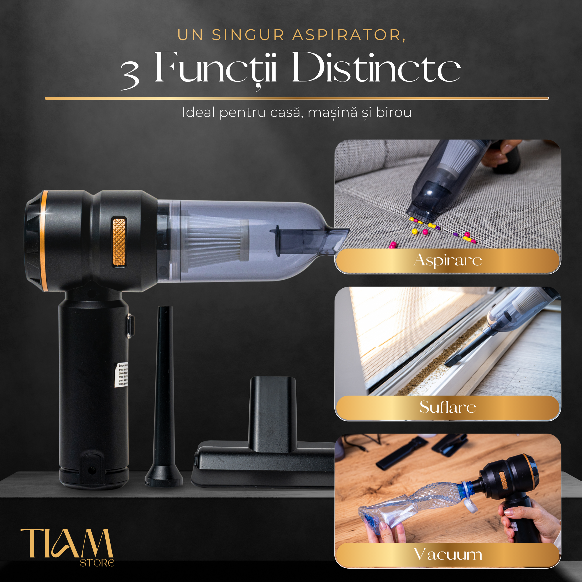 Mini aspirator auto 4 in 1, 18000 Pa, Negru